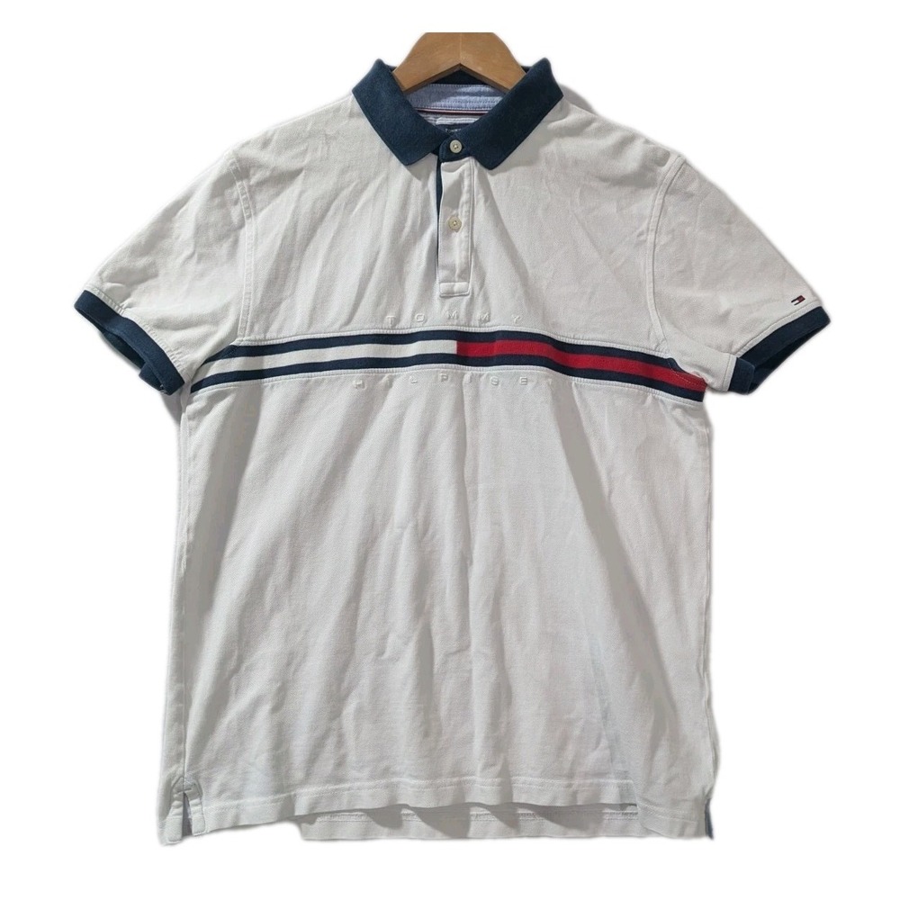 Tommy Hilfiger Polo‎ Shirt Large Custom Fit White Stripe Logo